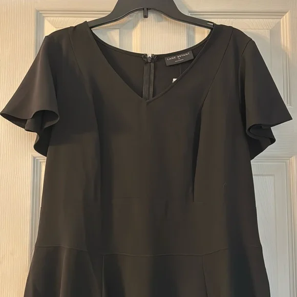Lane Bryant V-Neck Flutter Short Sleeve Zip Up Tie Around the Waist Black Skirt - Picture 3 of 10